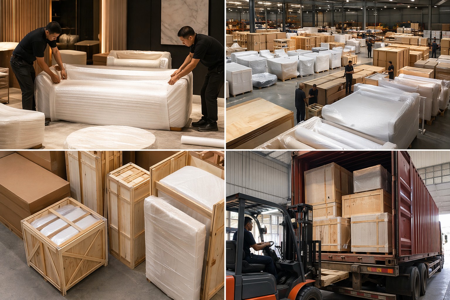 Export packaging and loading preparation visual for luxury furniture project delivery