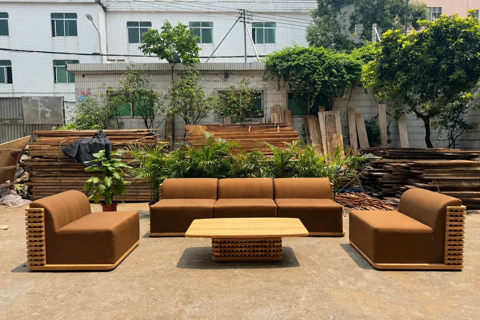 Solid teak furniture showing natural grain and tactile warmth