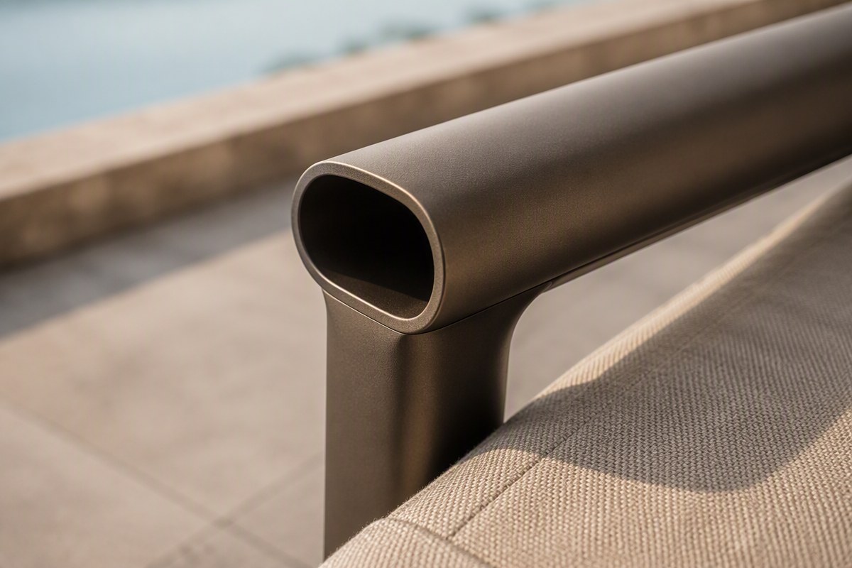 Close-up of custom oval-shaped tube armrest on a premium outdoor sofa collection
