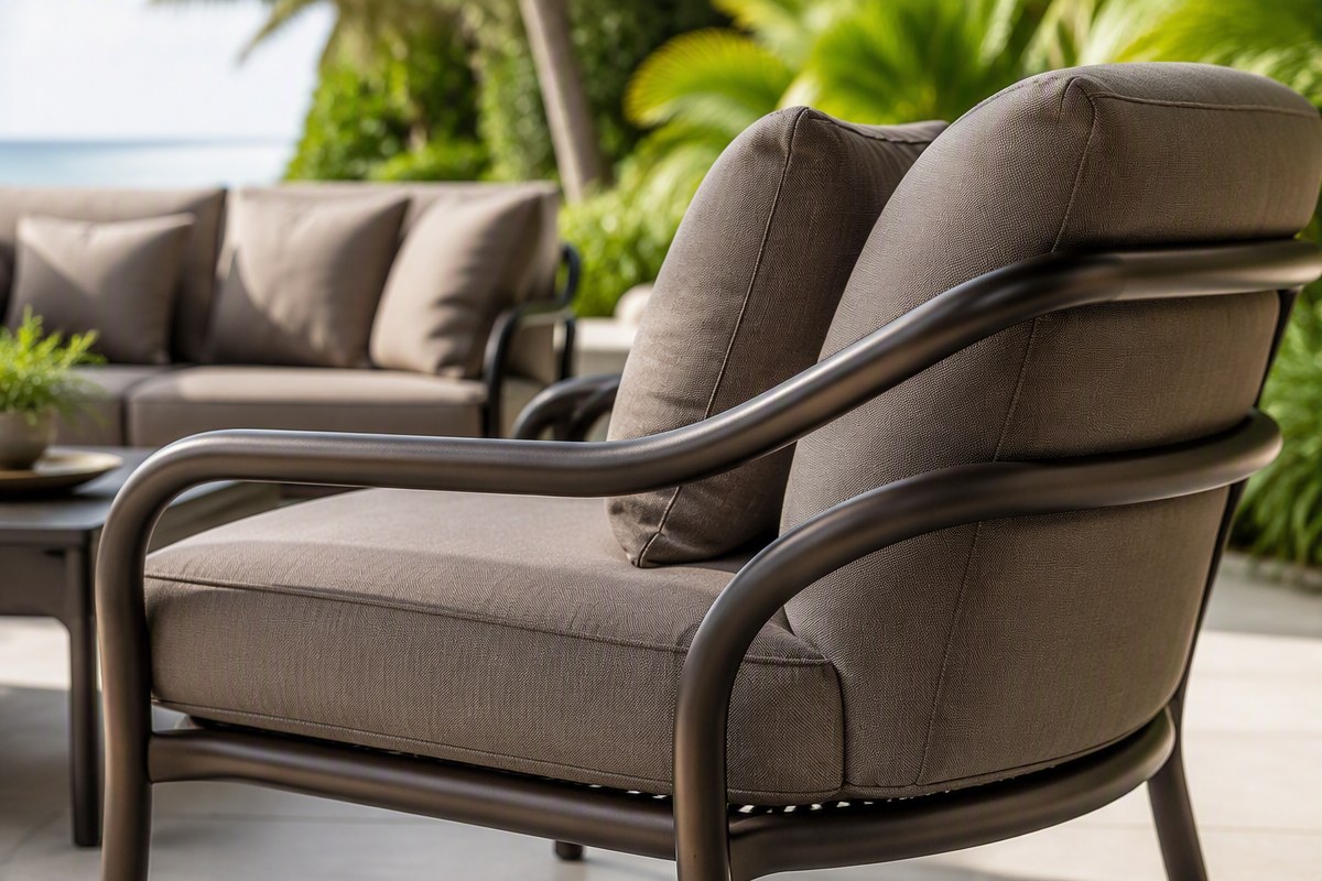 Round tube outdoor lounge chair with curved armrest and rope detailing for resort seating