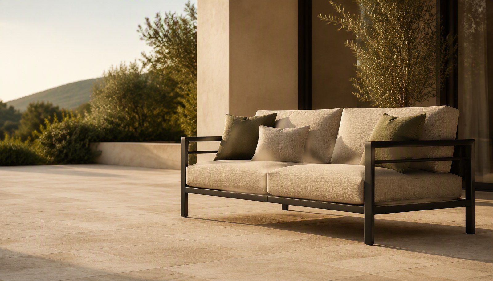 Square aluminium tube outdoor sofa on a modern hotel terrace showing clean architectural lines