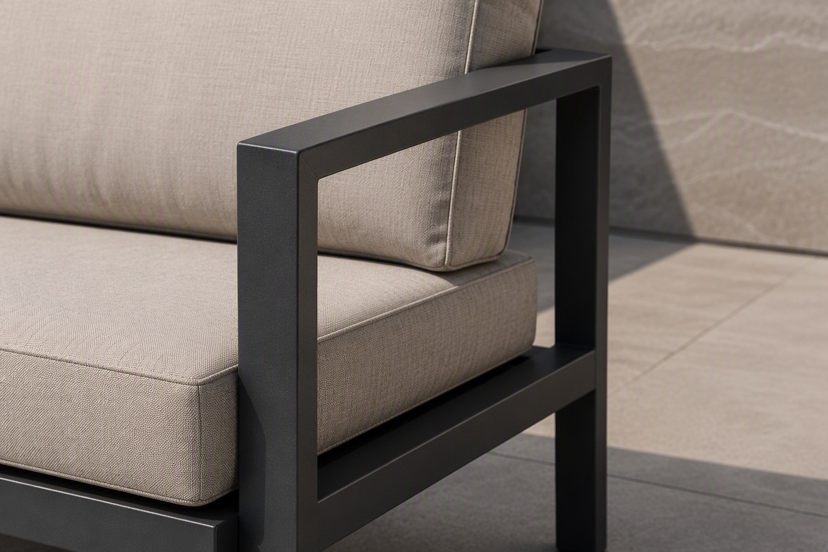 Modular outdoor sofa system with rectangular tube frames arranged on a rooftop poolside