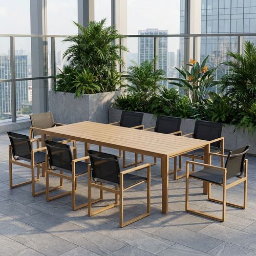 9pc Executive Alum-Teak Outdoor Dining Suite | Solis Alum-Teak | momoda