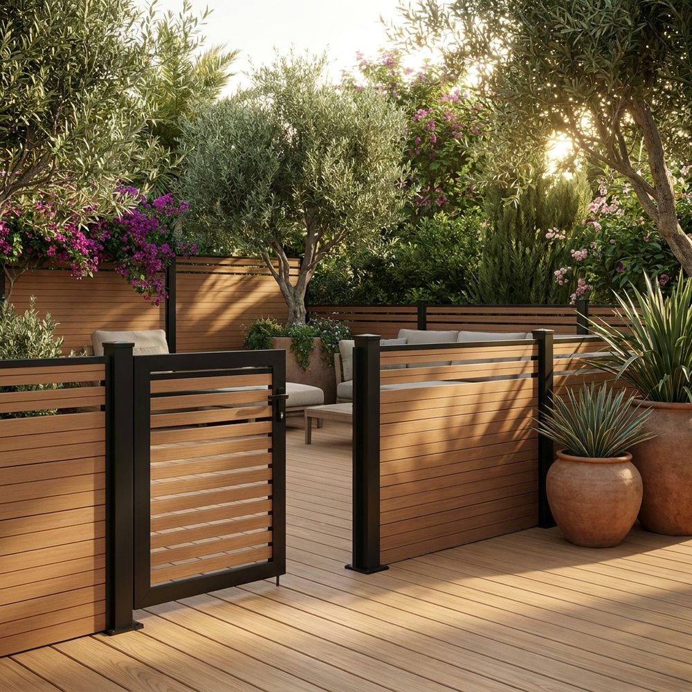 Architectural WPC privacy fence system in an outdoor landscape