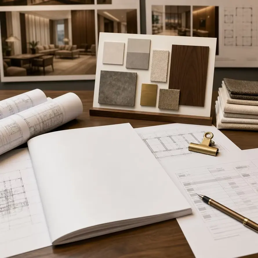 Project furniture catalog planning desk with abstract CAD drawings and finish samples