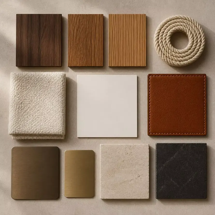Furniture material sample library with wood fabric leather metal and stone finishes
