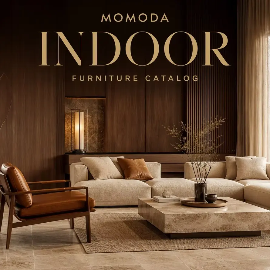 Indoor furniture catalog preview with upholstery leather and timber samples