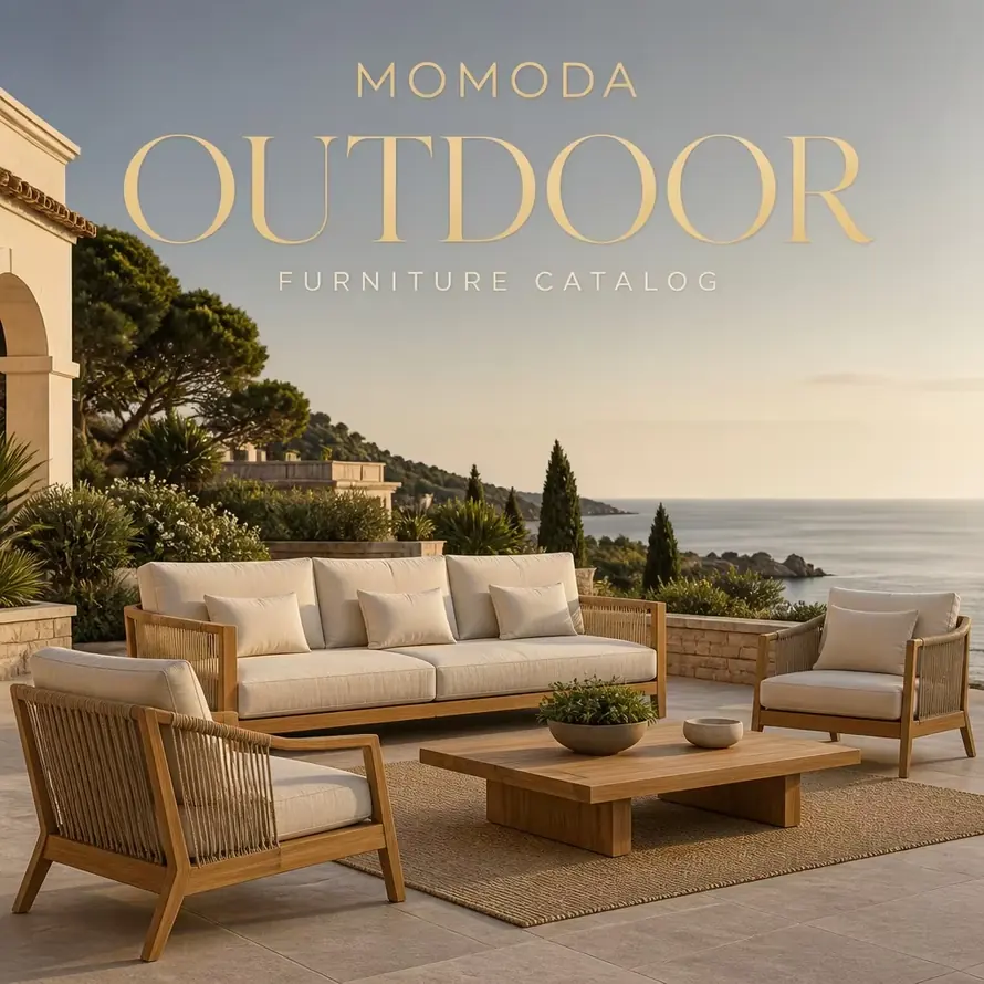 Outdoor furniture catalog preview with teak rope and outdoor fabric samples