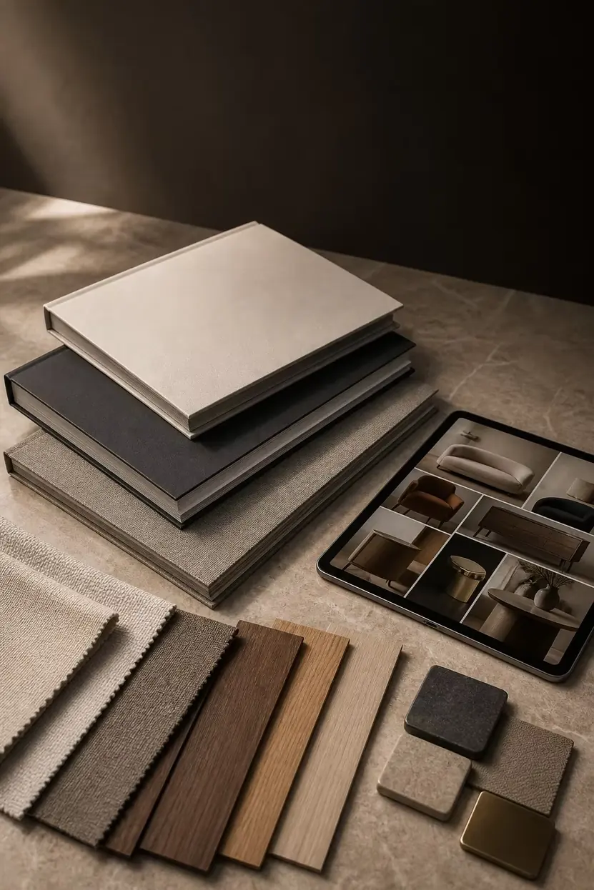 Luxury furniture catalog resource center with material samples and project documents
