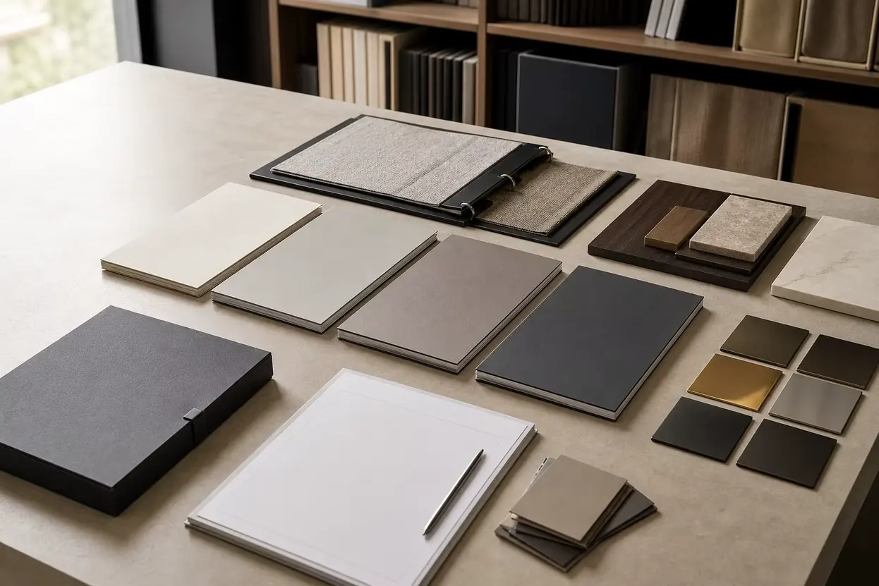 Furniture catalog resource library with project documents binders and material samples