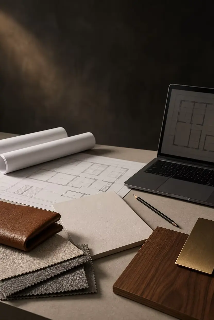 Project inquiry desk with drawings material samples and furniture planning references
